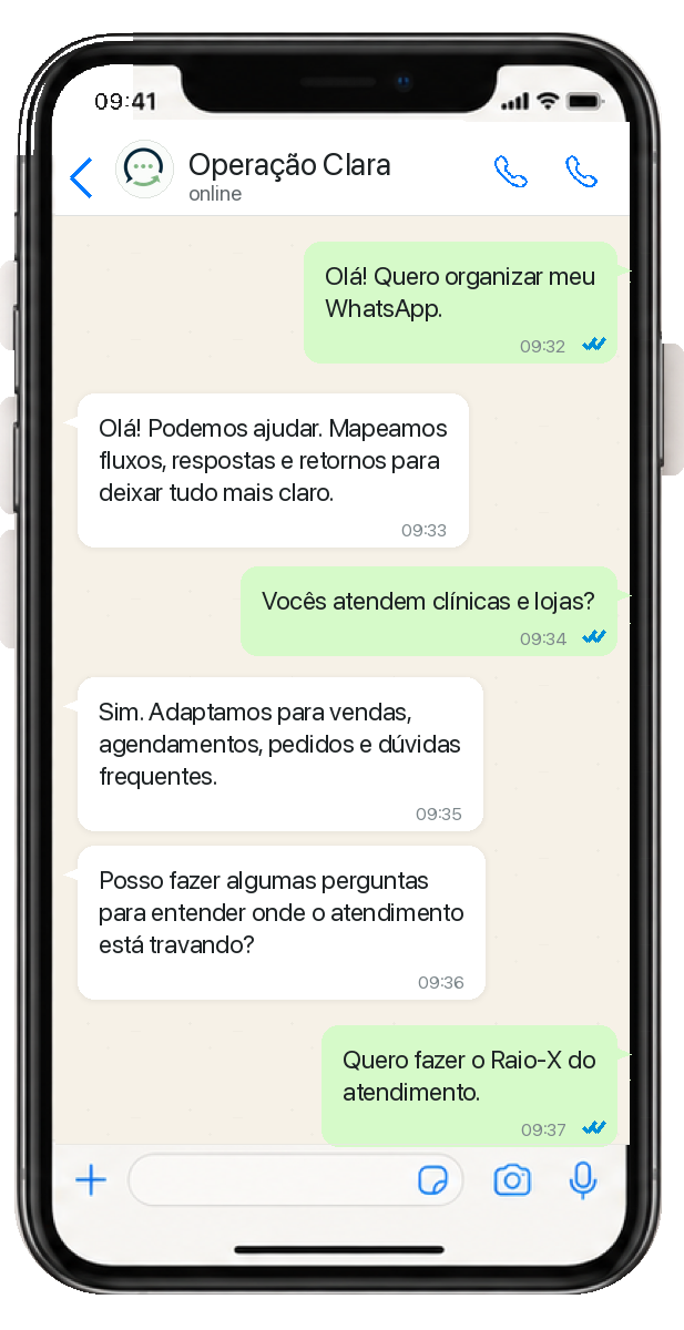 Mockup realista de conversa no WhatsApp da Operação Clara